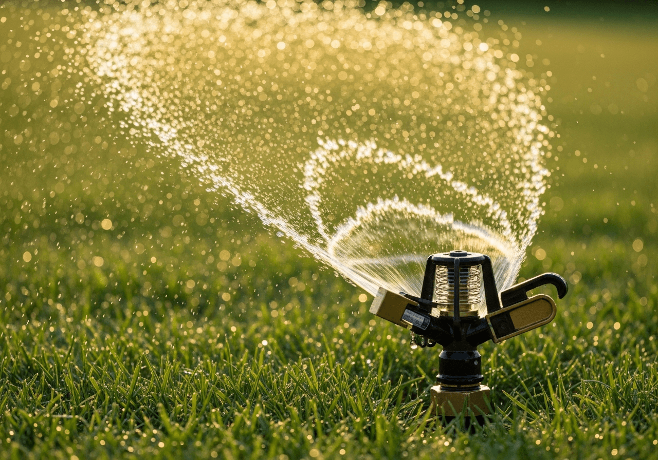 Close-up of a sprinkler head spraying water across turf